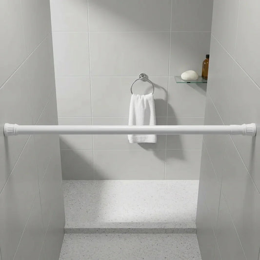 מוט וילון 70-120 סמ אלומניום לבן  עם קפיץ פנימי, Bathroom , Clear Sunny Day.