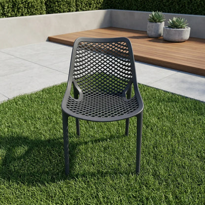 כסא פלסטיק PRIDE שחור, back yard, Clear Sunny Day.