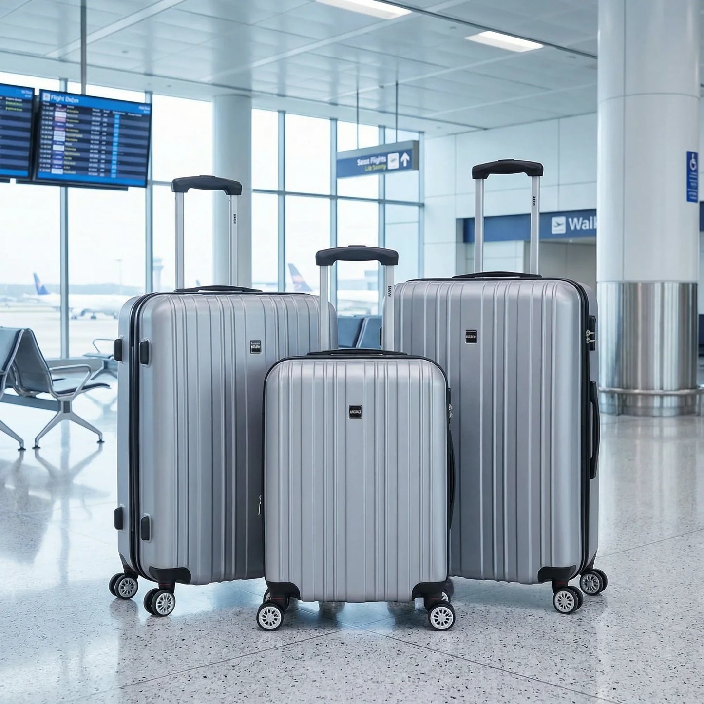 סט מזוודות קשיחות MIAMI צבע כסוף, airport, airport style, Bright Clean.