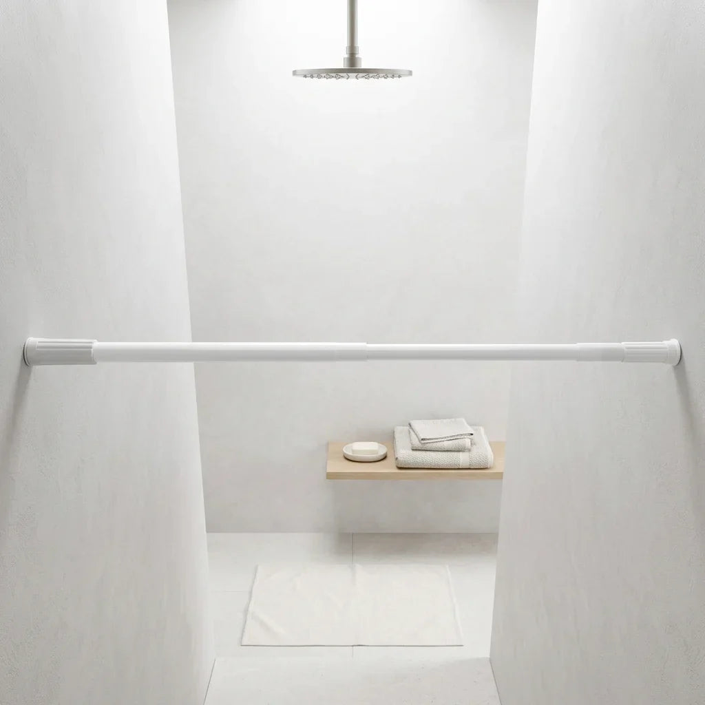 מוט וילון 110-200 סמ אלומניום לבן, Bathroom, japandi-minimalist, Dreamy Morning Glow.
