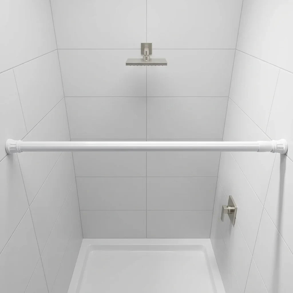 מוט וילון140-260 סמ אלומניום לבן  עם קפיץ פנימי, Bathroom , Clear Sunny Day.