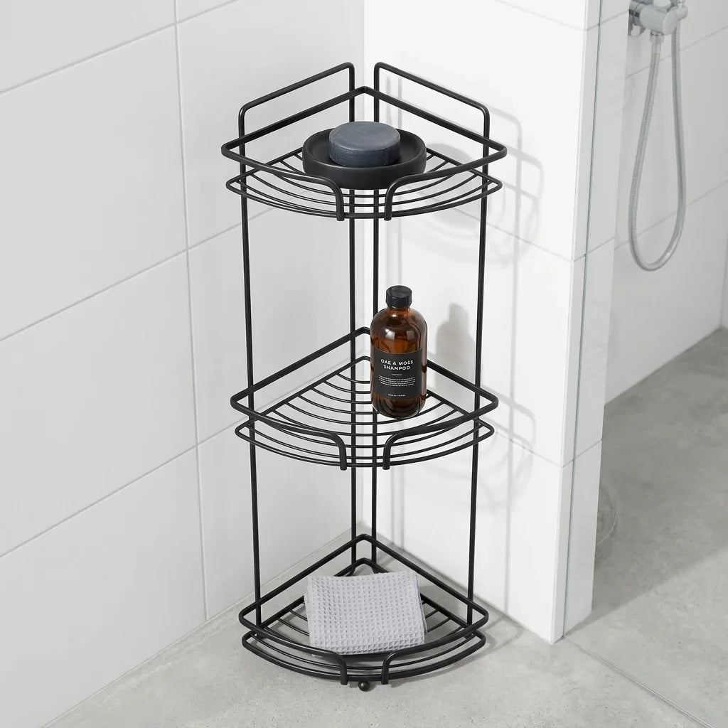 מדף רשת פינתי 3 קומות ליברפול שחור, Bathroom , Clear Sunny Day.