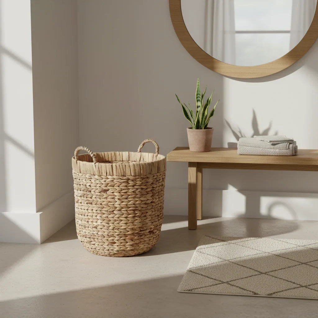 סל כביסה מעוצב, קש עגול סמול, Japandi, Morning Haze, bathroom.