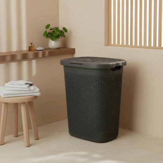 סל כביסה 50 ליטר אפור, Japandi, Soft North Light, bathroom.