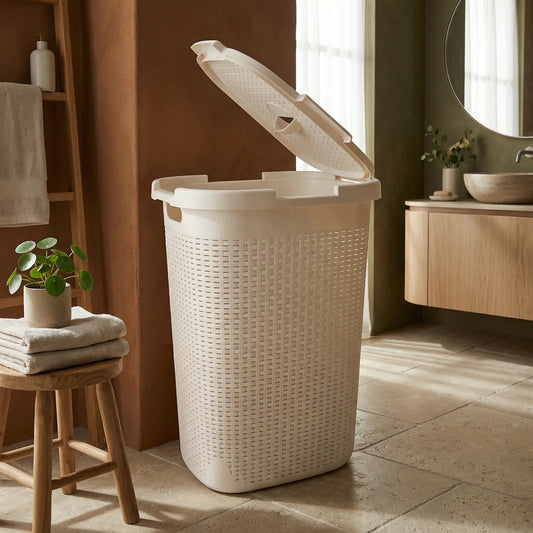 סל כביסה 60 ליטר לבן, Earthy Organic, Japandi, Soft North Light, bathroom.