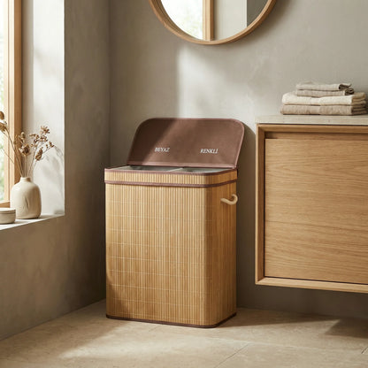 סל כביסה במבוק מחולק עץ, Japandi, Soft North Light, bathroom.