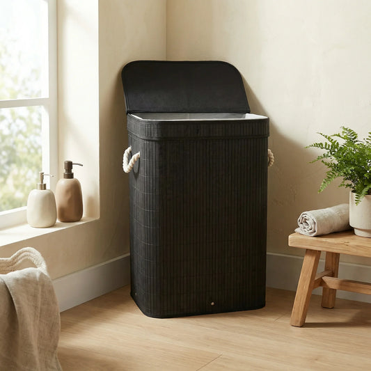 סל כביסה במבוק מלבן - שחור, Japandi, Soft North Light, bathroom.