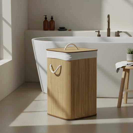 סל כביסה במבוק מרובע טבעי, Japandi, Soft North Light, bathroom.