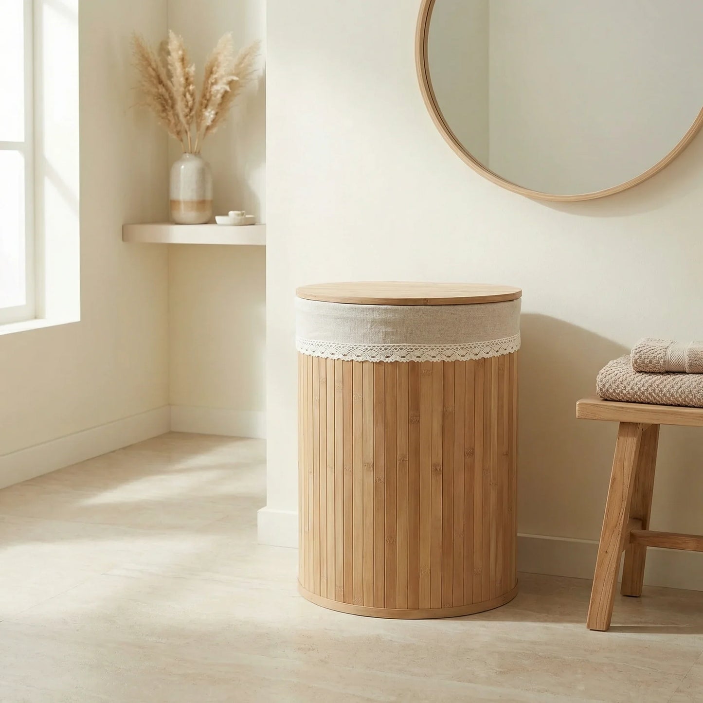 סל כביסה במבוק עגול, Japandi, Soft North Light, bathroom.