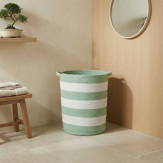 סל כביסה קורל ירוק/לבן, Japandi, Soft North Light, bathroom, it must be located at the corner of the walls of the room.