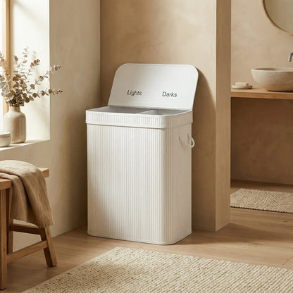 סל כביסה במבוק מחולק לבן, Japandi, Soft North Light, bathroom, it must be located at the corner of the walls of the room.