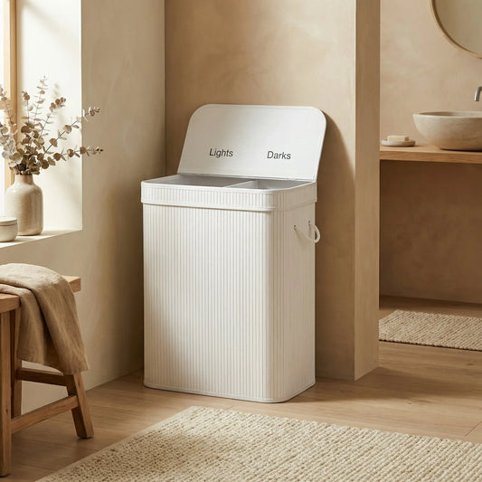 סל כביסה במבוק מחולק לבן, Japandi, Soft North Light, bathroom, it must be located at the corner of the walls of the room.