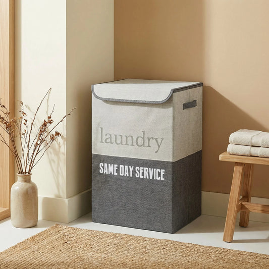 סל כביסה עם מכסה שחור לבן, Japandi, Soft North Light, bathroom, it must be located at the corner of the walls of the room.