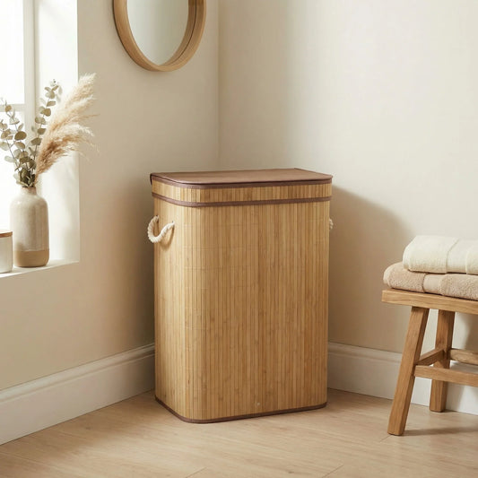 סל כביסה במבוק מרובע - טבעי, Japandi, Soft North Light, bathroom, it must be located at the corner of the walls of the room.