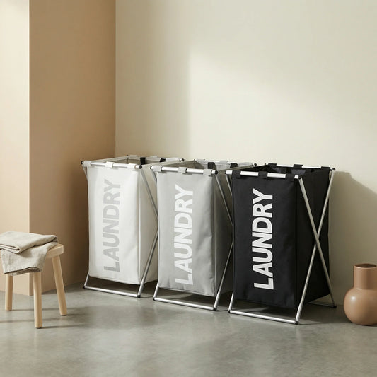 סל כביסה מתקפל 3 צבעים אלומיניום, Scandi Neutrals, Modern, Morning Haze, minimal props, positioned at the corner of the wa...