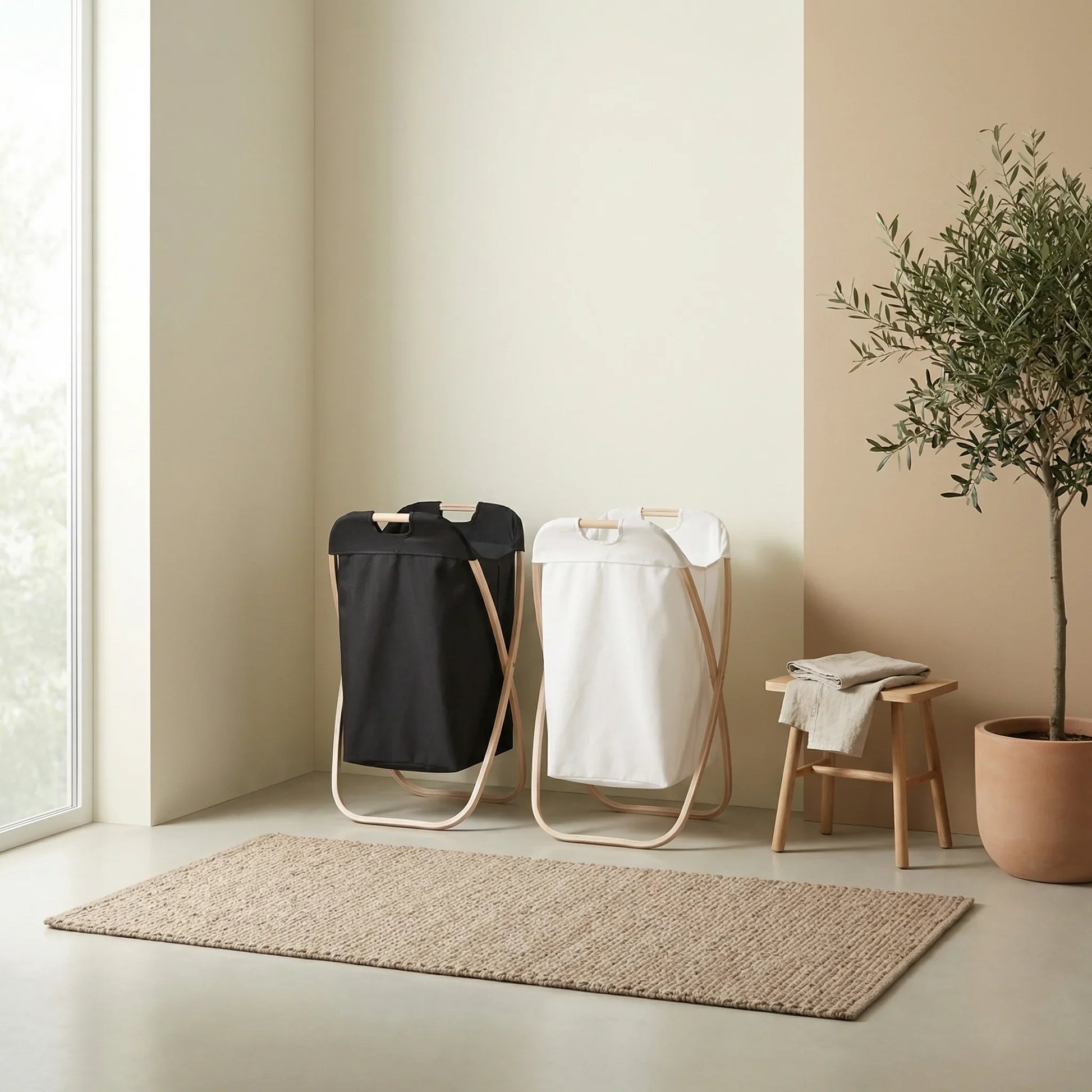 סל כביסה BAMBOO, Scandi Neutrals, Modern, Morning Haze, minimal props, positioned at the corner of the walls of the room.