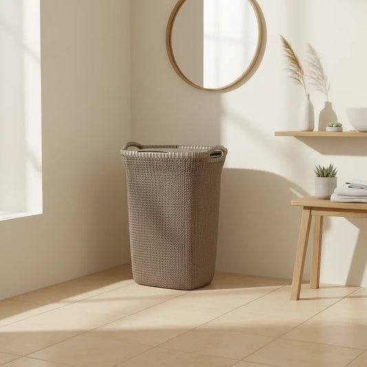 סל כביסה סרוג חום - כתר, Japandi, Morning Haze, bathroom.