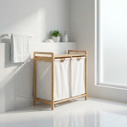 סל כביסה מחולק במבוק 2 תאים, Modern, Morning Haze, bathroom.
