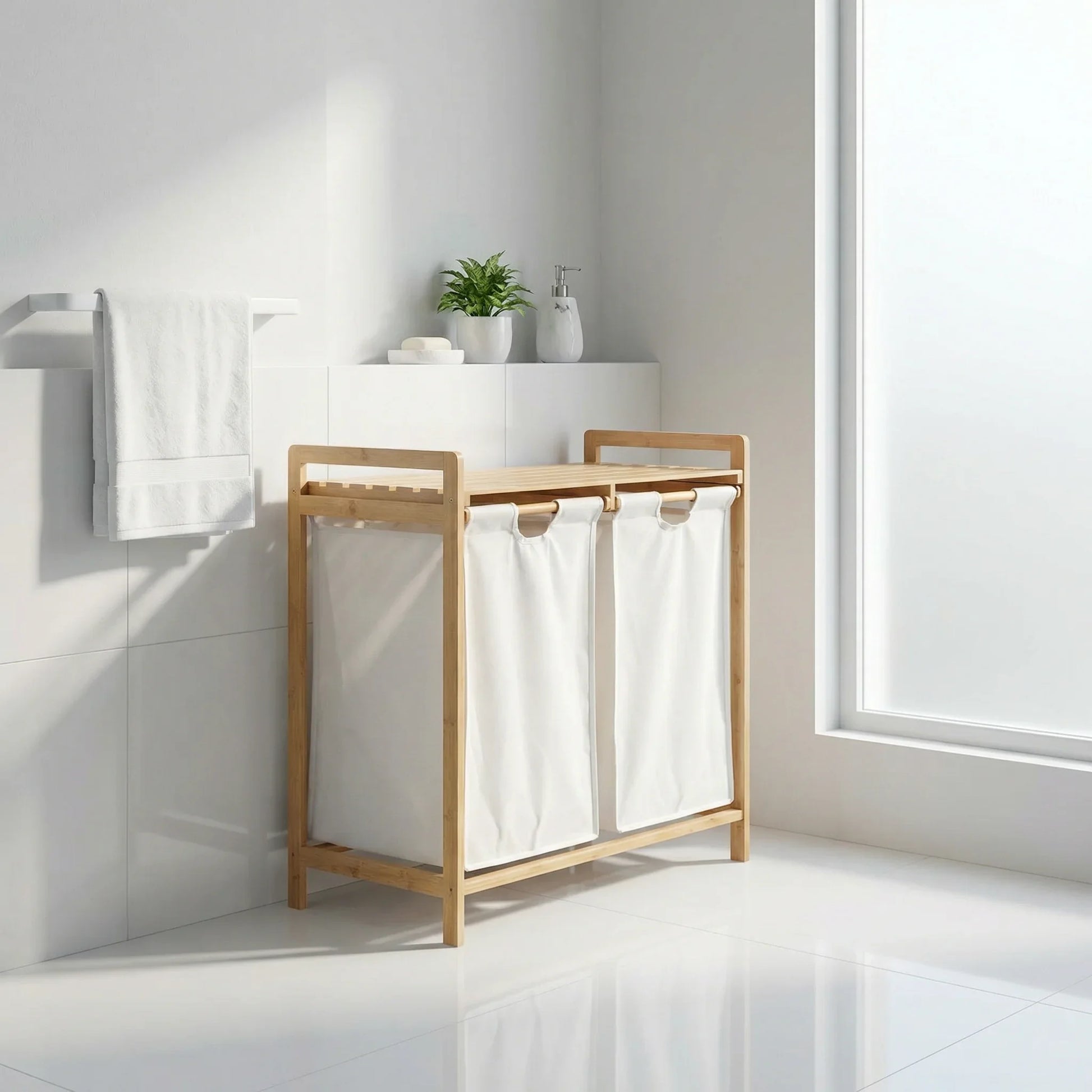 סל כביסה מחולק במבוק 2 תאים, Modern, Morning Haze, bathroom.