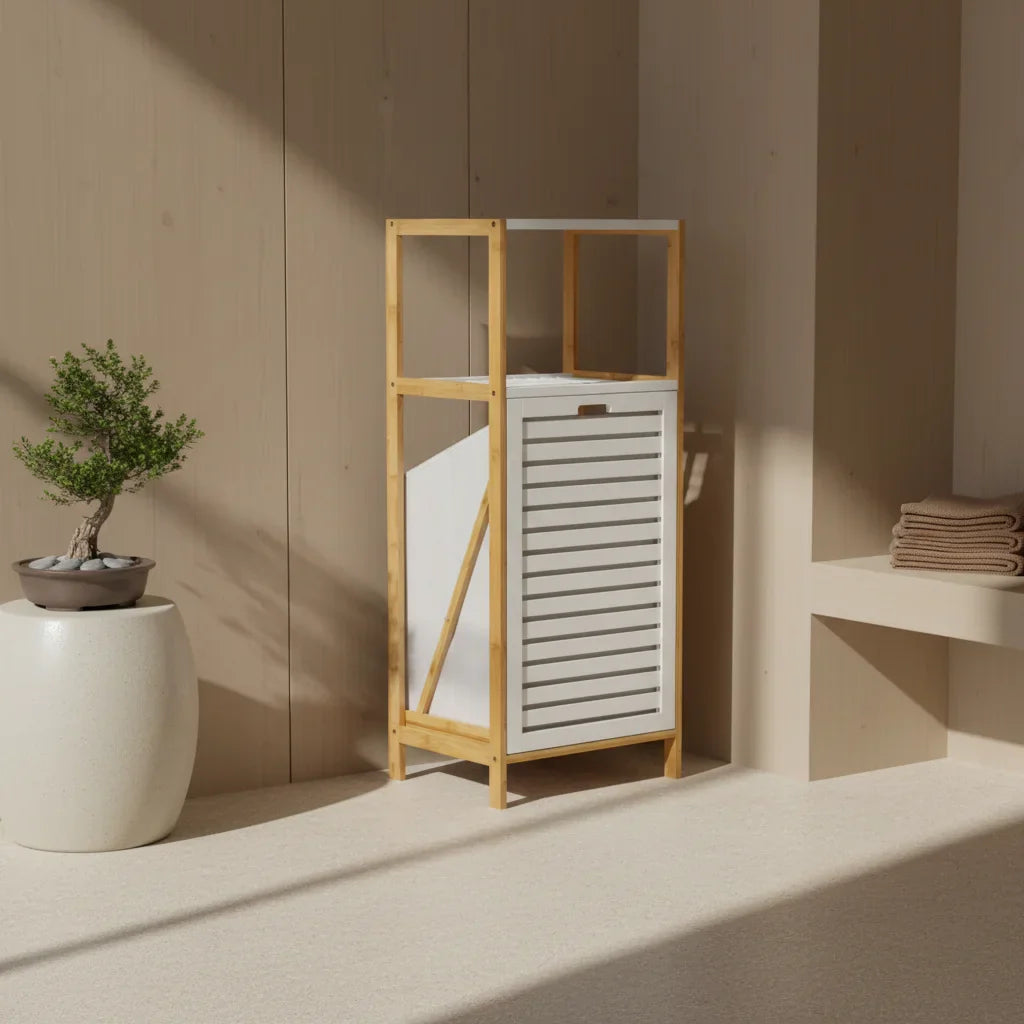סל כביסה במבוק 2 מדפים, Japandi, Morning Haze, bathroom.