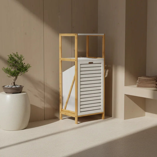 סל כביסה במבוק 2 מדפים, Japandi, Morning Haze, bathroom.