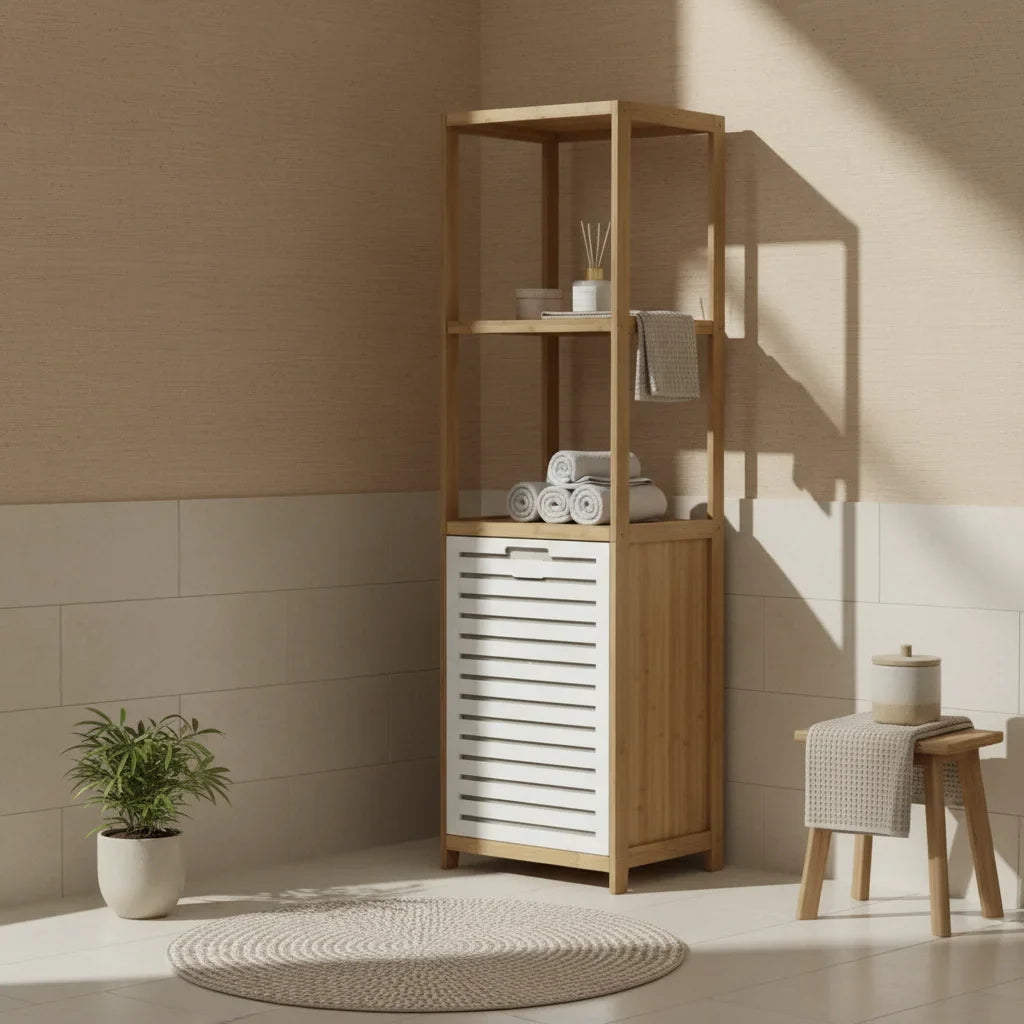מעמד מדפים מבמבוק עם סל כביסה, Japandi, Morning Haze, bathroom.
