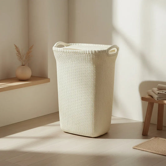 סל כביסה סרוג לבן - כתר, Japandi, Morning Haze, bathroom.