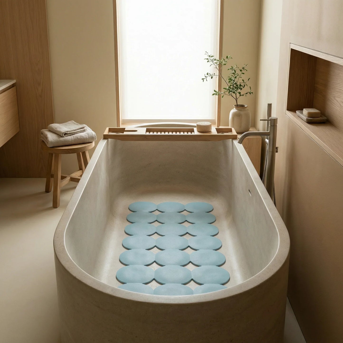 שטיח אמבטיה נגד החלקה 78*39.5 סמ לבן תכלת, bathroom, Japandi, Soft North Light.