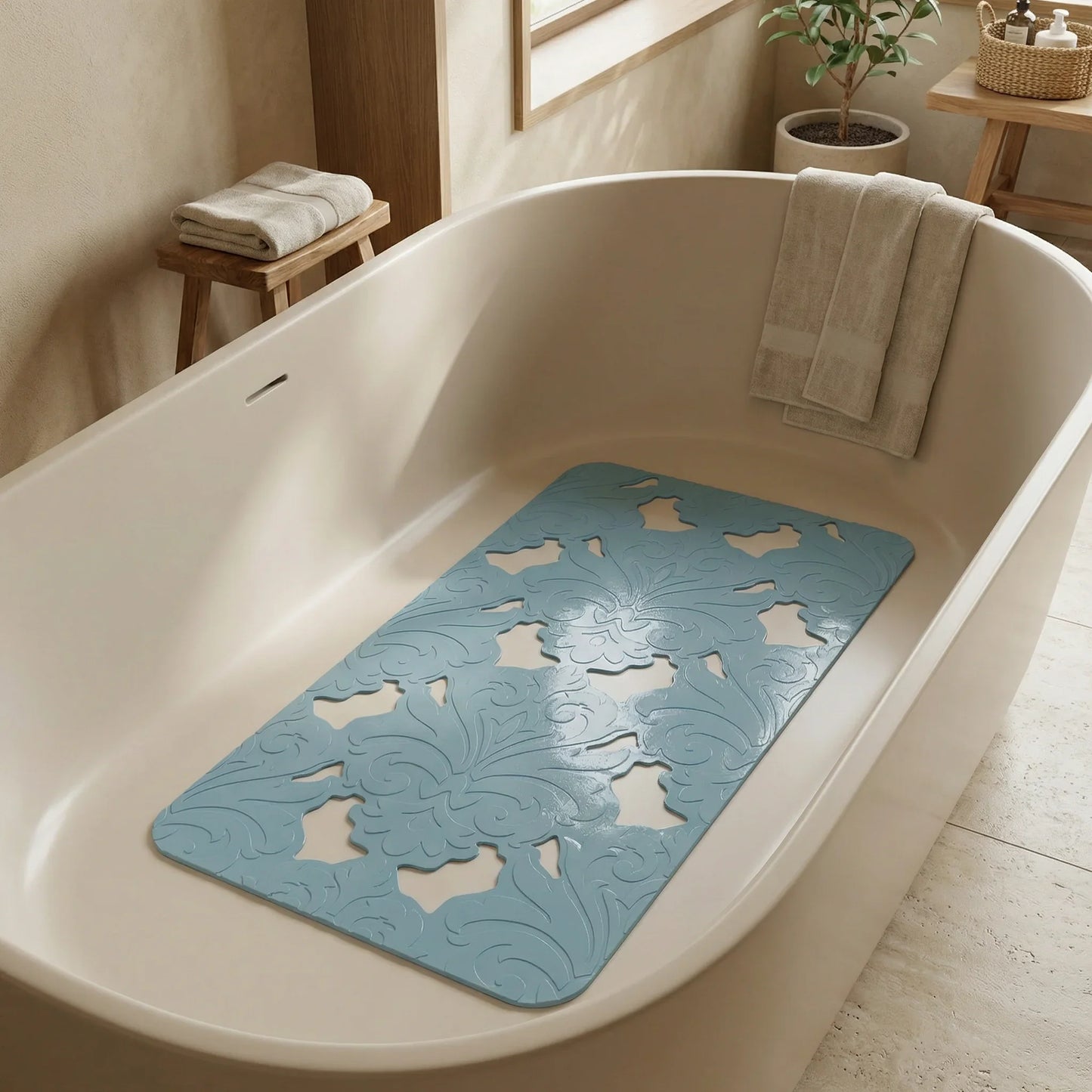שטיח אמבטיה נגד החלקה 72*36 סמ מלבני תכלת, bathroom, Japandi, Soft North Light.