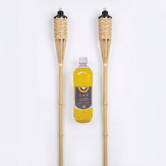 שני לפידים להרחקת יתושים + שמן ללפיד 1 ליטר בריח צינטרונלה