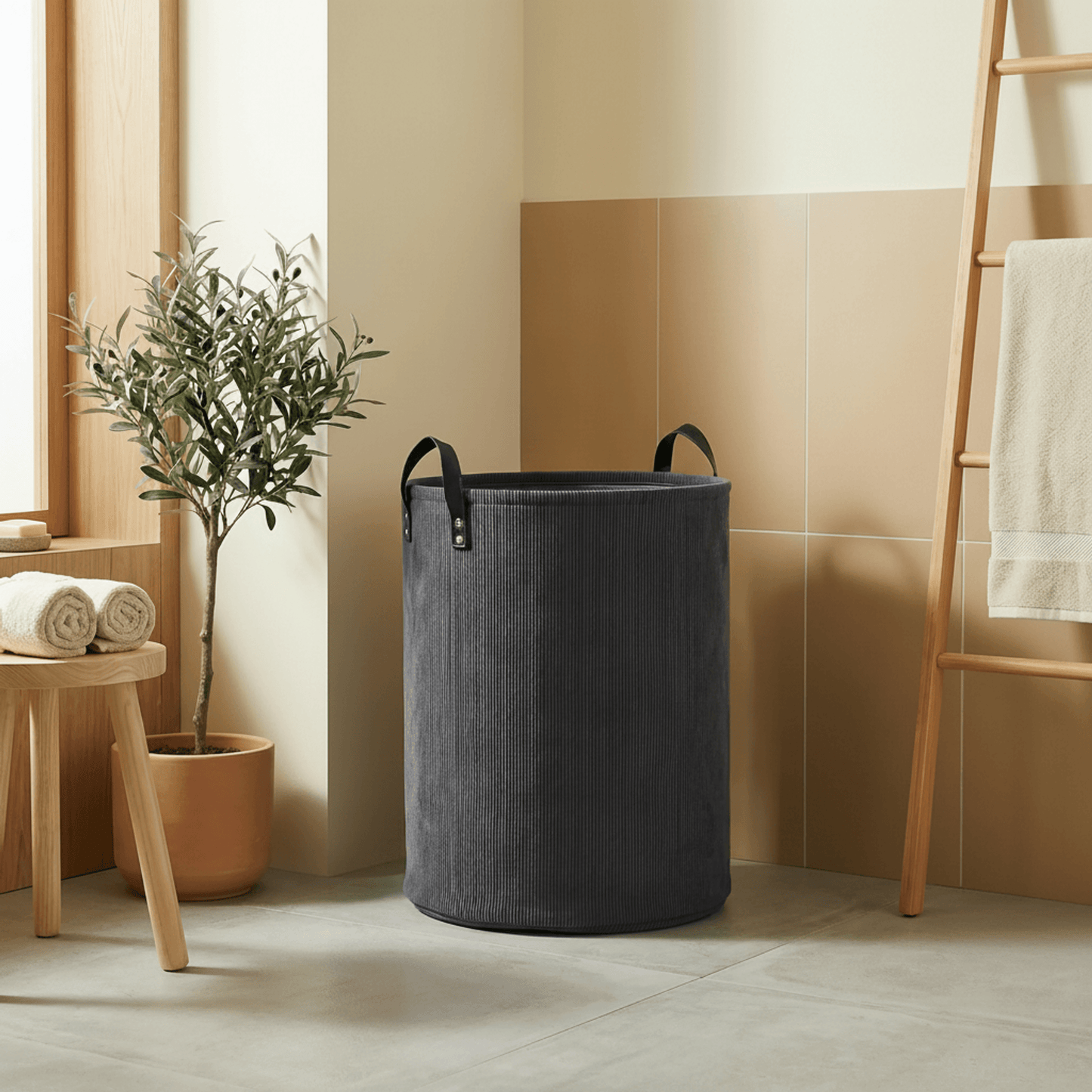 סל כביסה עגול ידיות עור אפור