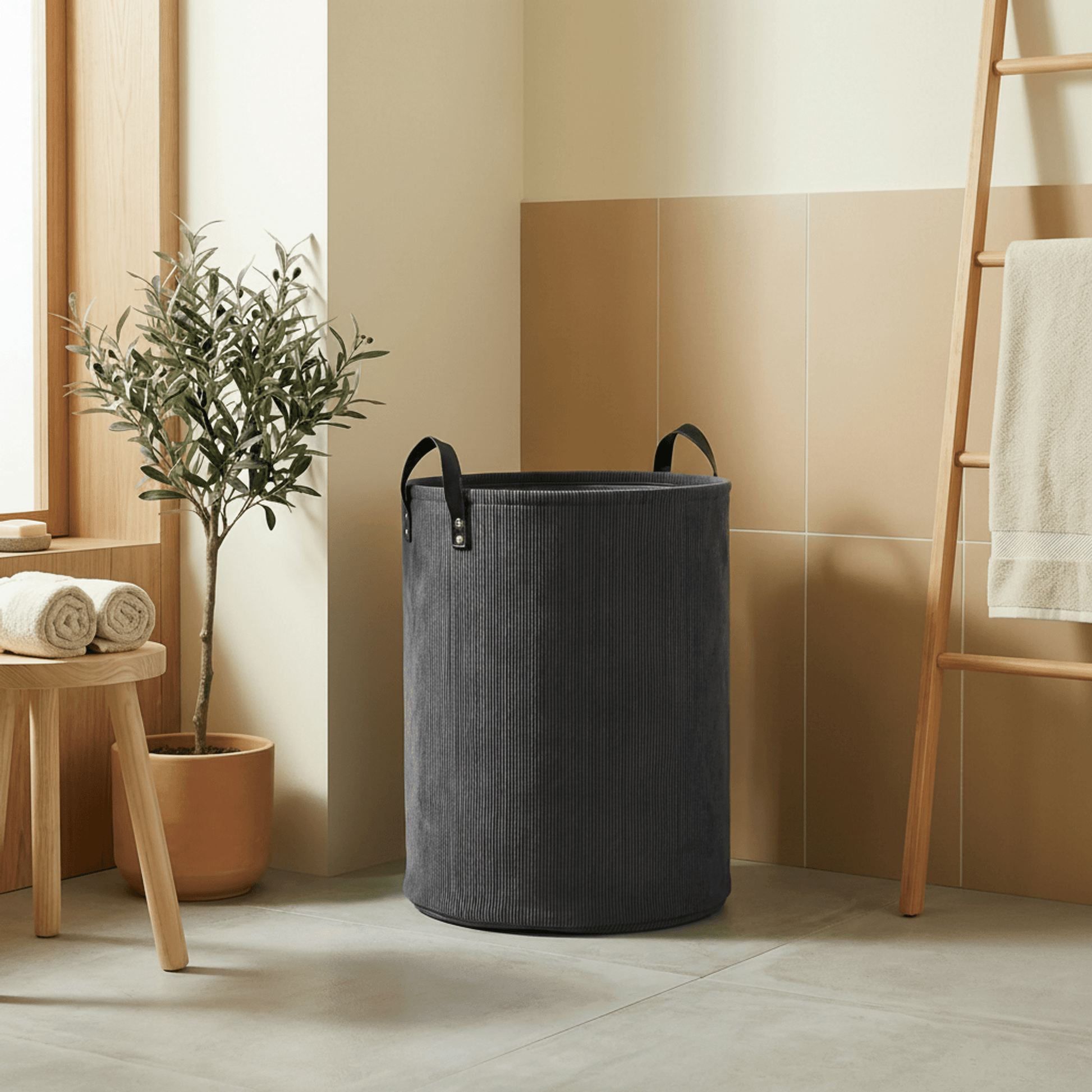 סל כביסה עגול ידיות עור אפור